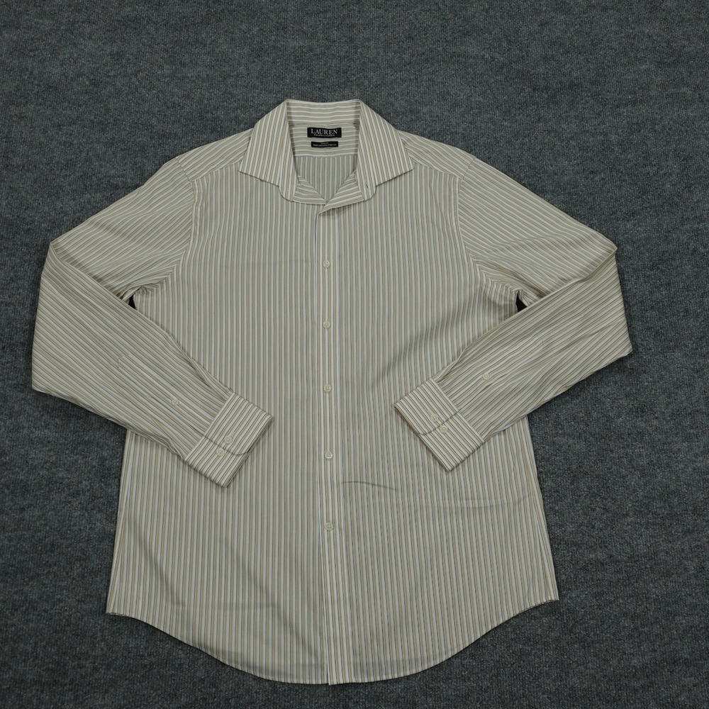 Lauren Ralph Lauren Shirt Mens 16 34/35 Tan Striped Slim Fit Performance Stretch